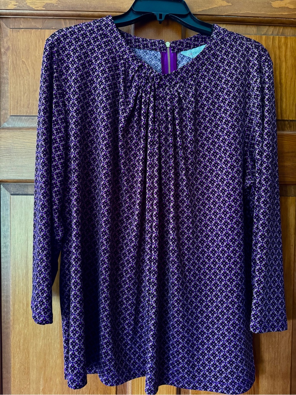 Liz Claiborne Purple Patterned Pleat-Front Long-Sleeve Tunic